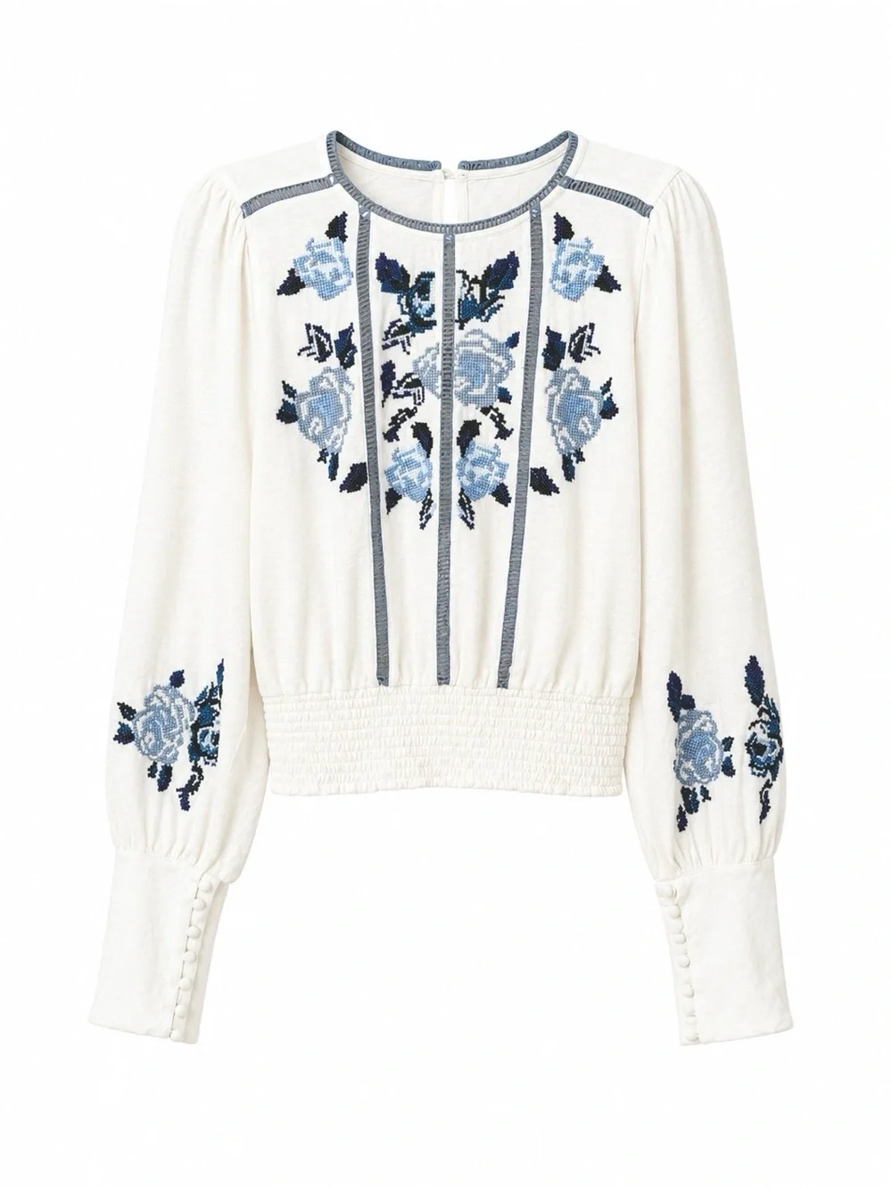 Free People Felicity Embroidered Smocked Boho Top Ivory Blue Size M